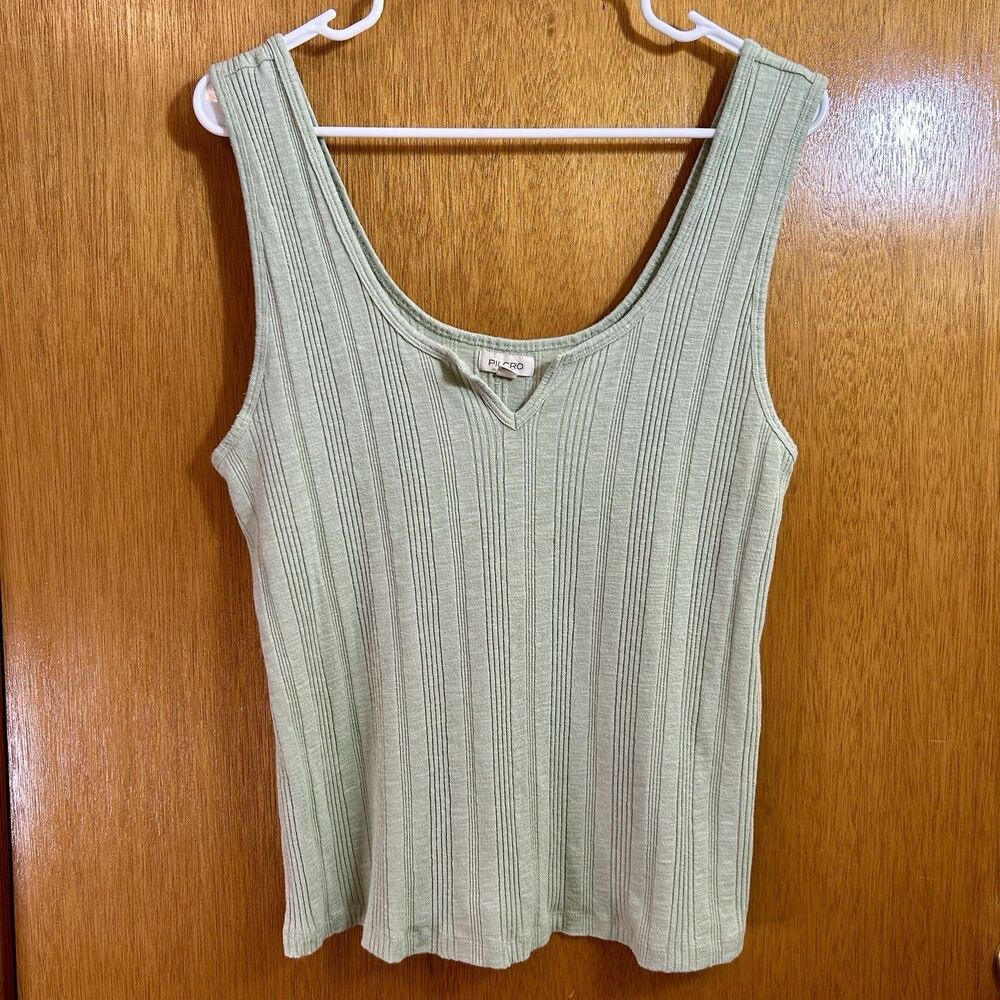 Pilcro Anthropologie Sage Green Women’s Ribbed Notch V Neck Tank Top Size XL